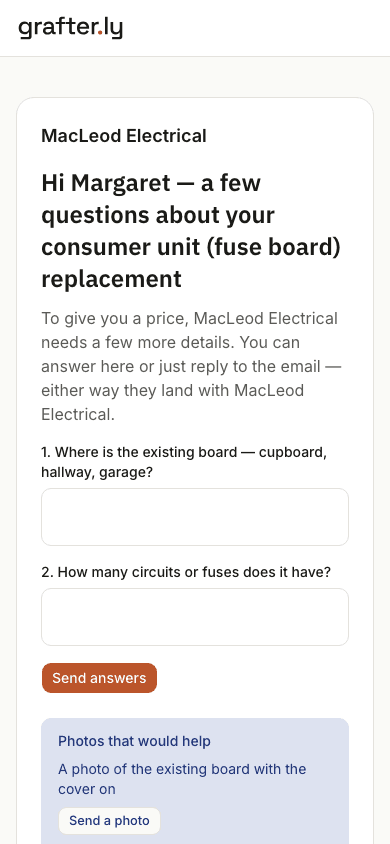 What the customer sees on their phone: a few questions about their consumer unit replacement from MacLeod Electrical, two answer boxes, a Send answers button, and a Photos that would help panel with a Send a photo button.