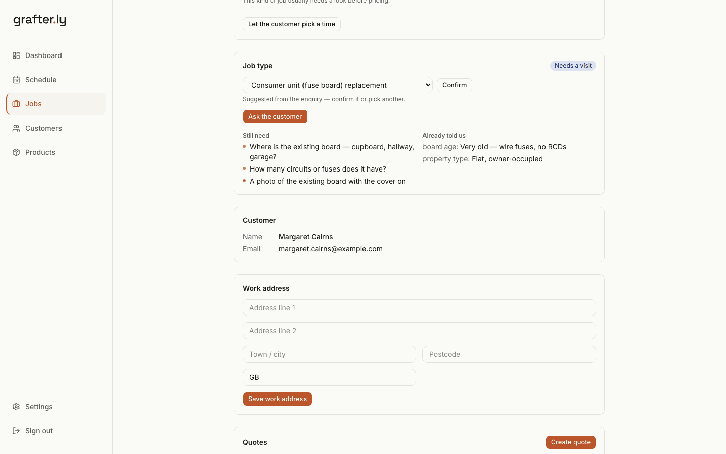 A job on grafter.ly matched to a consumer unit replacement, listing what's still needed — where the board is, how many circuits, a photo of the board — and what the customer already said.