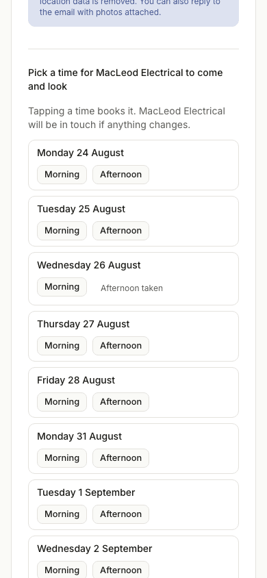 The customer picks a time for MacLeod Electrical to come and look: a list of days with Morning and Afternoon buttons, one afternoon already taken.