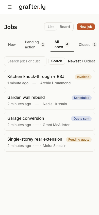 The grafter.ly job list on a phone, showing jobs for builders with their current stages.