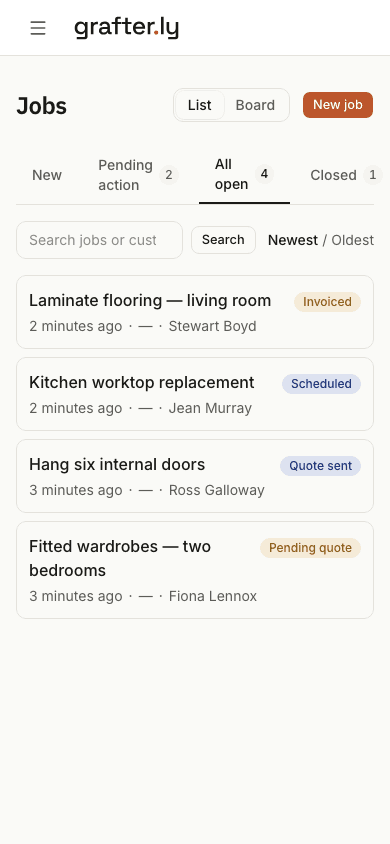 The grafter.ly job list on a phone, showing jobs for carpenters and joiners with their current stages.