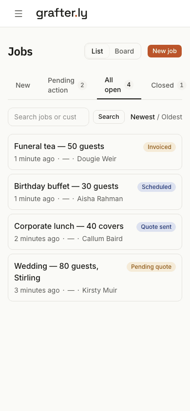 The grafter.ly job list on a phone, showing jobs for caterers with their current stages.