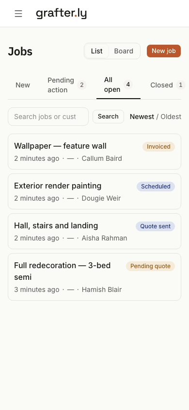 The grafter.ly job list on a phone, showing jobs for painters and decorators with their current stages.
