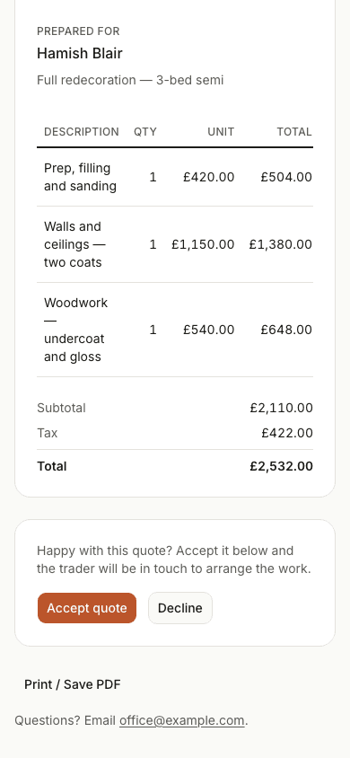 A quote shown on a customer's phone, with the total and the button to accept it.