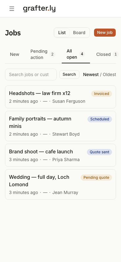 The grafter.ly job list on a phone, showing jobs for photographers with their current stages.