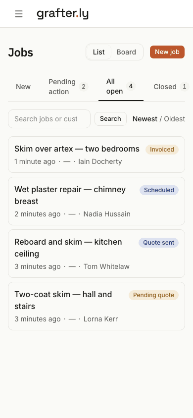 The grafter.ly job list on a phone, showing jobs for plasterers with their current stages.