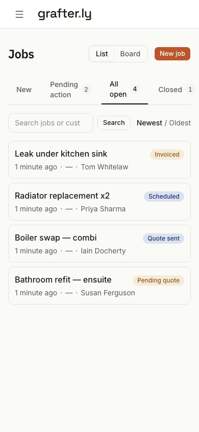 The grafter.ly job list on a phone, showing jobs for plumbers with their current stages.
