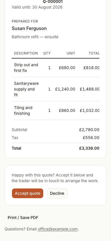 A quote shown on a customer's phone, with the total and the button to accept it.