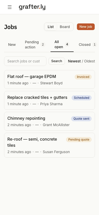 The grafter.ly job list on a phone, showing jobs for roofers with their current stages.