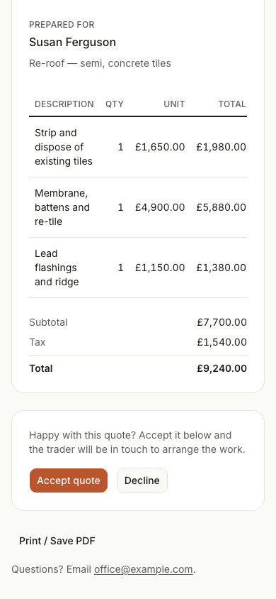A quote shown on a customer's phone, with the total and the button to accept it.