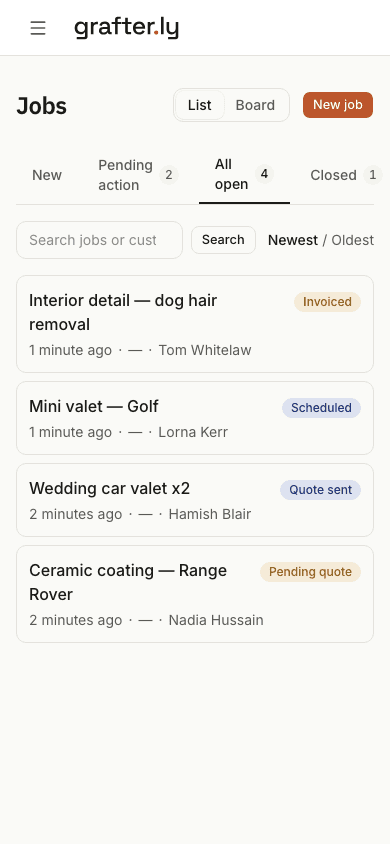 The grafter.ly job list on a phone, showing jobs for car valeters with their current stages.
